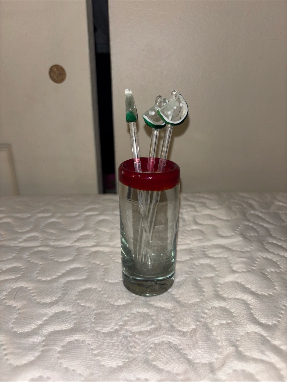 Clear Glass Toothpick Holder with Red Rim and Fruit-Topped Picks